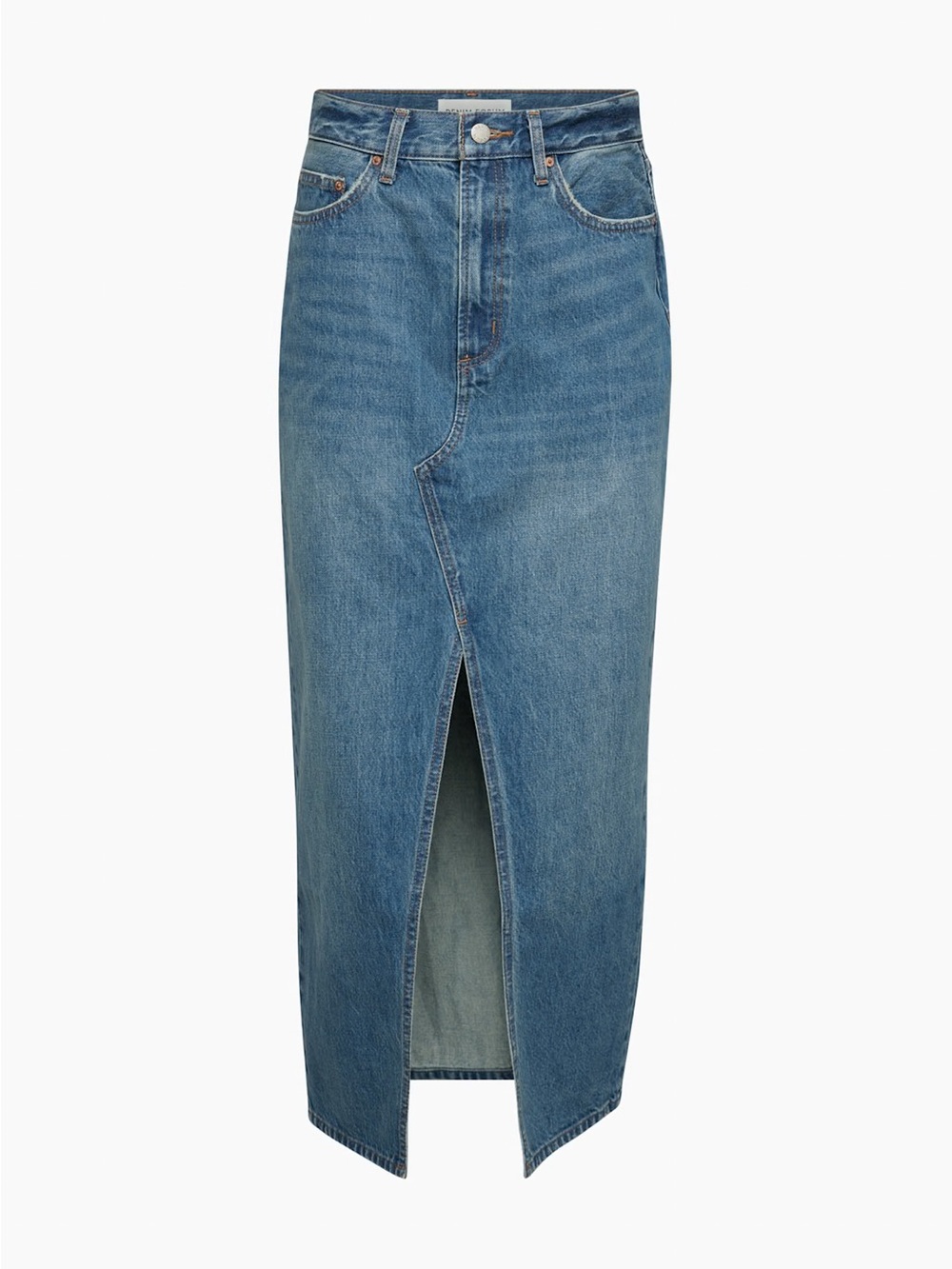 Aritzia Denim Forum Blue High-Rise Midi Denim Skirt with Front Slit/Vent